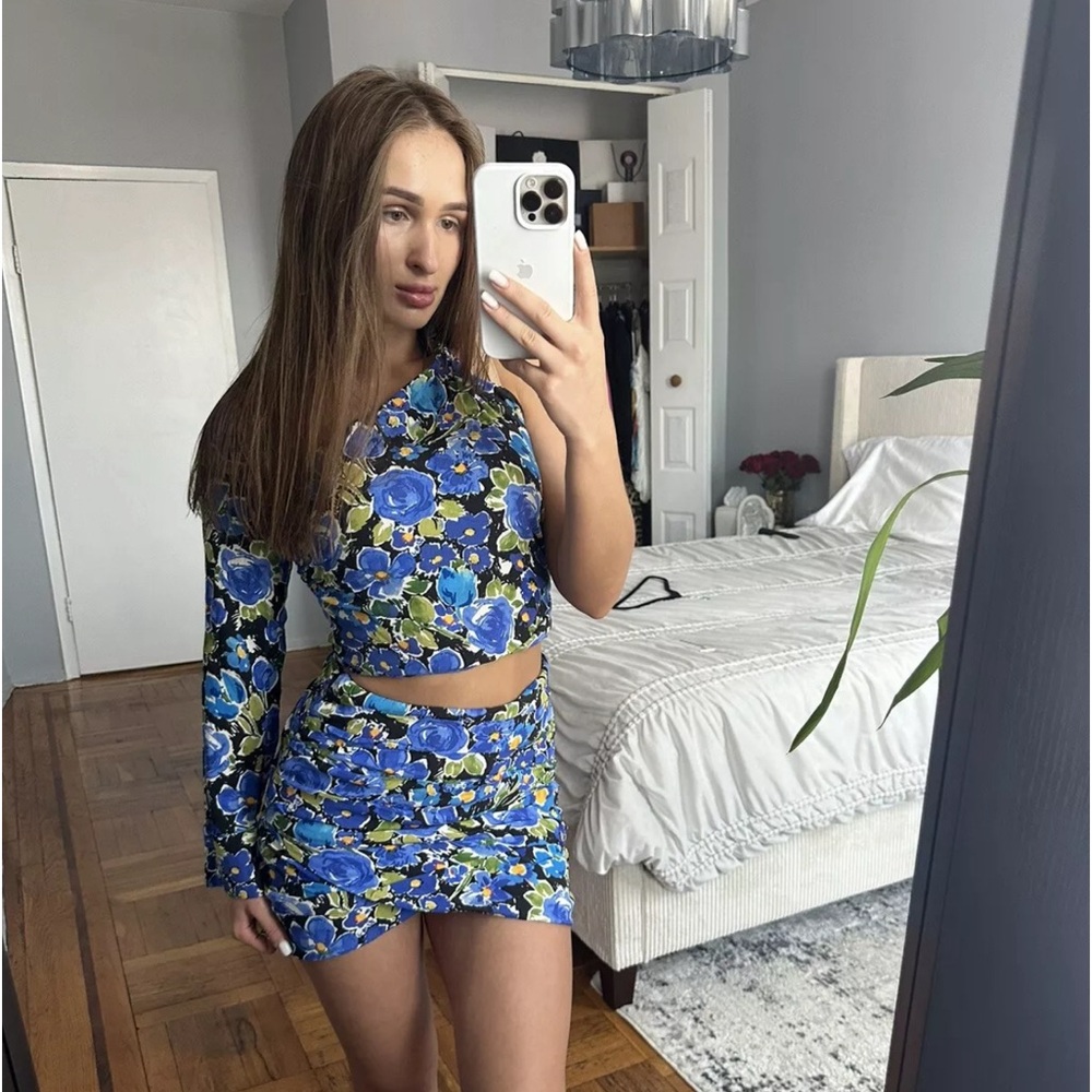 Zara Mini Skirt Crop Top Set Women S Blue FlPink Button Detail Trendy